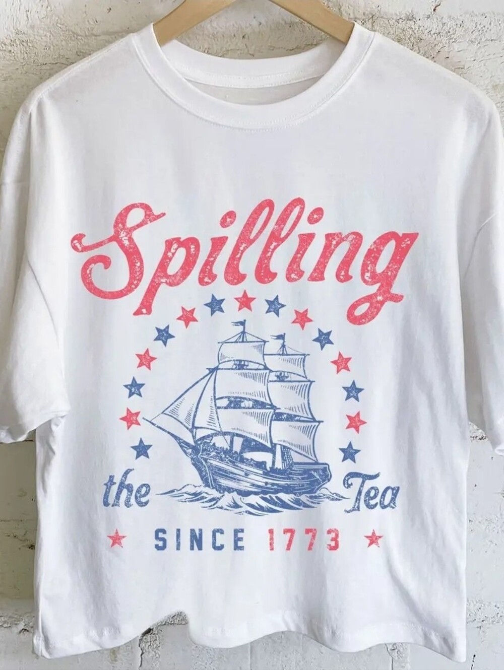 'Spilling the Tea' Graphic Tee - White with Red & Blue Print